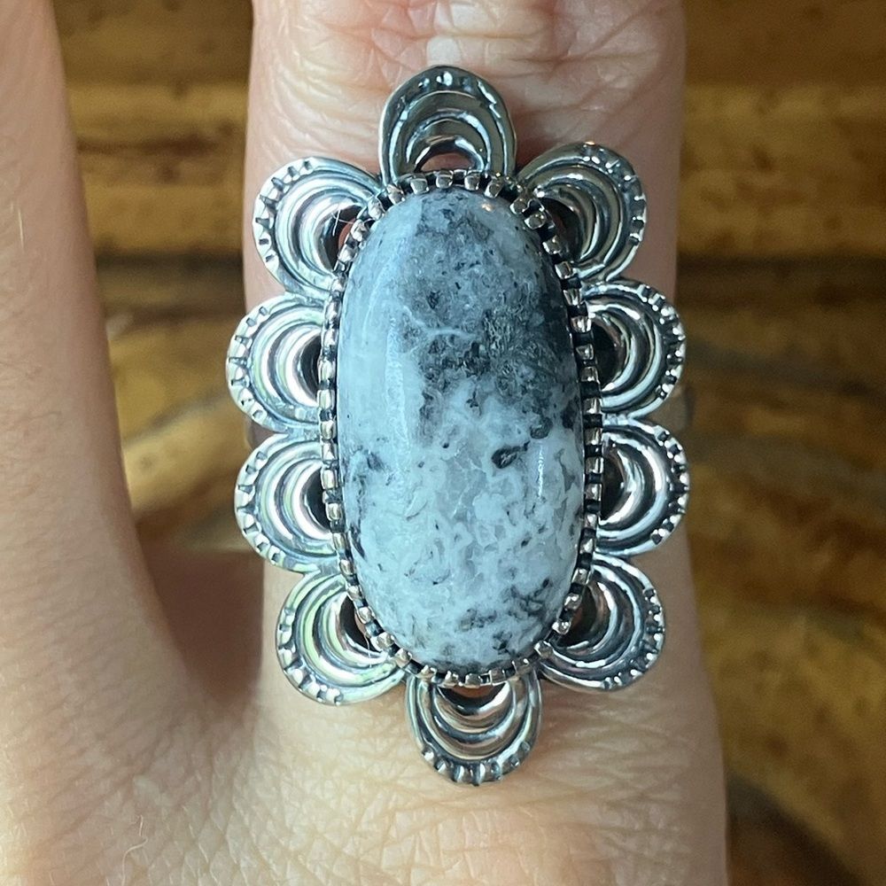 Genuine White Buffalo Sterling Silver Ring Size 7